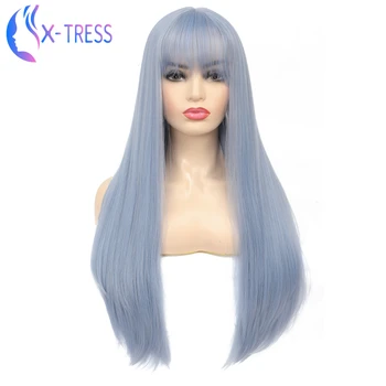 

X-TRESS Blue Straight Synthetic Wig With Bangs 6 Color Available Wigs For Women Heat Resistant Halloween Cosplay Wig