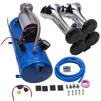 

4-Trumpet Train Trucks Air Horn Kit 12/24V 150 PSI 150db Air System With 12V Compressor 6 Liters For Tank Gauge Car Train Truck