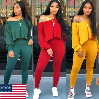 

Women Fashion 2Piece Outfits Long Sleeve And Slim Pant Off Shoulder Crop Top Pants Tracksuit Set Casual Lady Jumpsuit