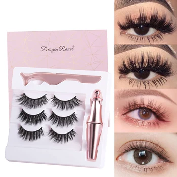 

3 Pairs Magnetic Eyelashes 3D Mink False Lashes Magnetic Waterproof Liquid Eyeliner Tweezers Set Lasting Handmade Eyelash Makeup