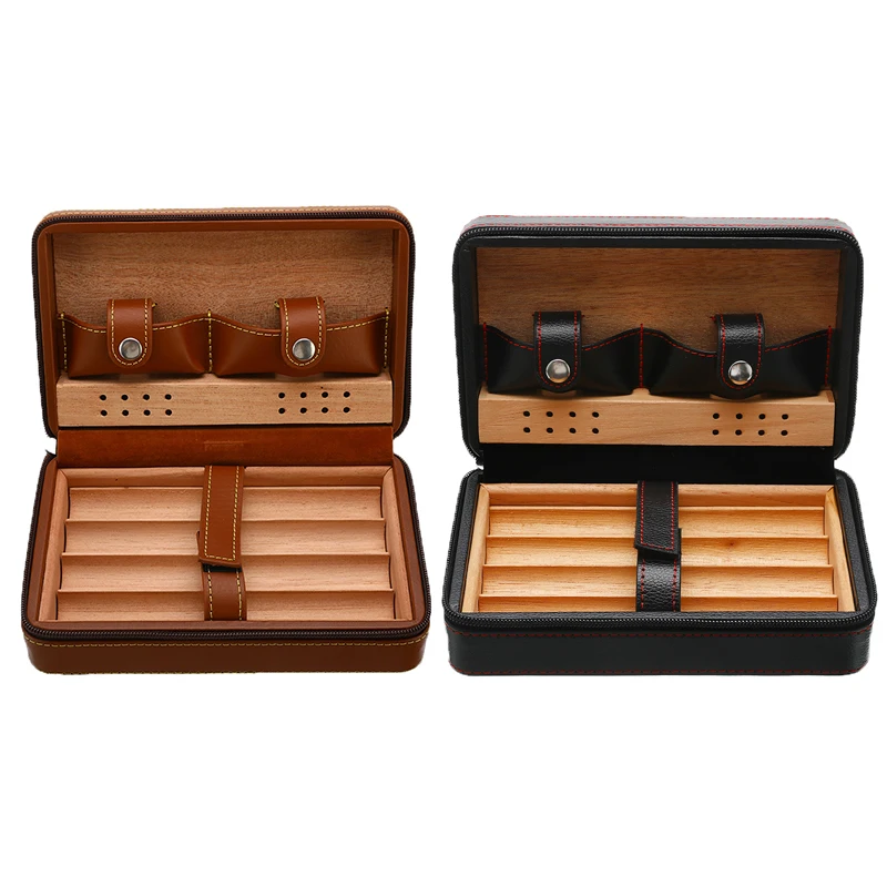 Portable Cedar Wood Cigar Humidor Box Travel Leather Case Holder Storage 4 Cigars Humidifier For | Дом и сад