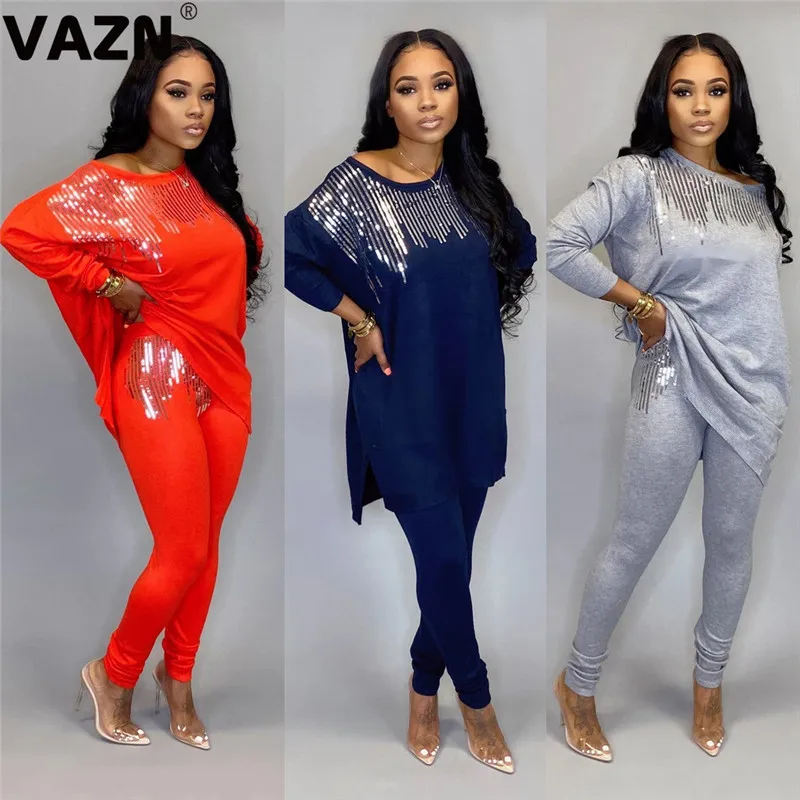 

VAZN 2020 Color Autumn New Fashion Sport Solid O-neck 2 Pieces Casual Women Set Full Sleeve Full Length Bodycon Women Set