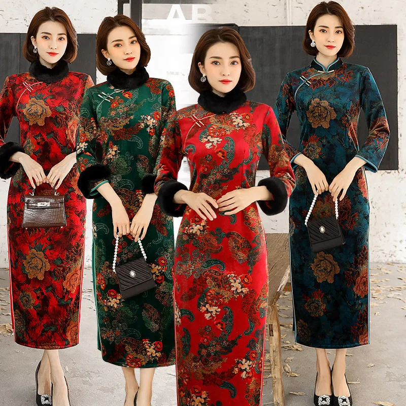 Зимнее теплое женское вечернее платье размера плюс 3XL-5XL бархат Cheongsam элегантный высокий разрез тонкий Qipao Винтаж велюр Vestidos