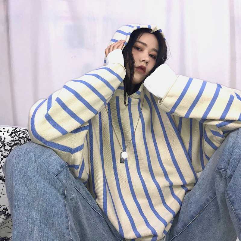 Корейский зимний ulzzang Harajuku шикарный модный полосатый Свободный Повседневный свитер с капюшоном уличный свободный осенний женский свитер