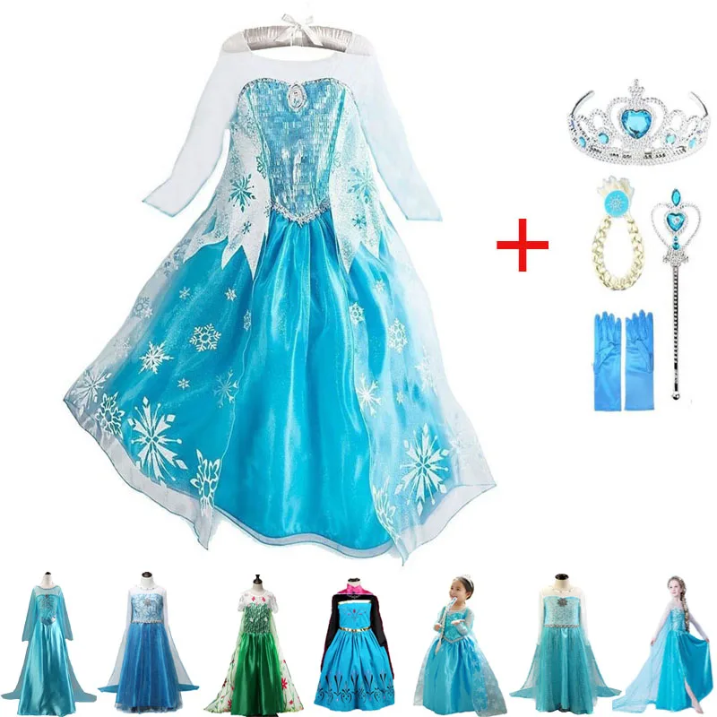 Girls Princess Elsa Dress Snow Queen Elza Costumes Anna Cosplay Dresses for Kids Halloween Party Vestidos Accessories Set | Детская
