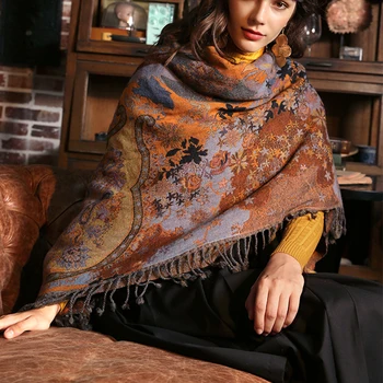 

Tassel Shawl For Lady Winter Oversize Scarf Thick Pashmina Mujer Bufanda Artificial Cashmere Soft Warm Flower Cachecol Feminino