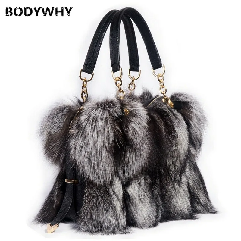

Genuine Fox Fur Handbags Silver Fox Fur Bag Pathwork Real Fur Handbag Lady Plush Winter Handbag Messenger Bag Soft Warm Fur Bag