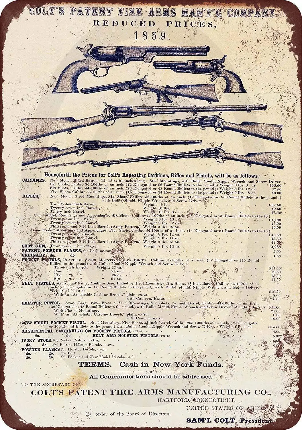Isaric Tin Sign 1859 Colt Firearms Vintage Look Reproduction Metal 8 x 12 | Дом и сад