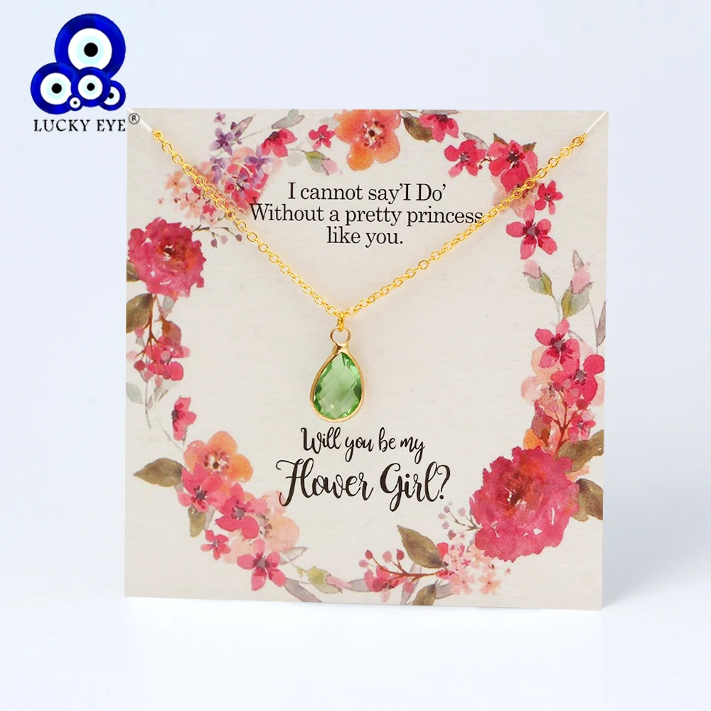 

Lucky Eye Wish Card Necklace Gold Color Chain Water Drop Crystal Pendant Necklace Fashion Jewelry for Women Female Girls CN275