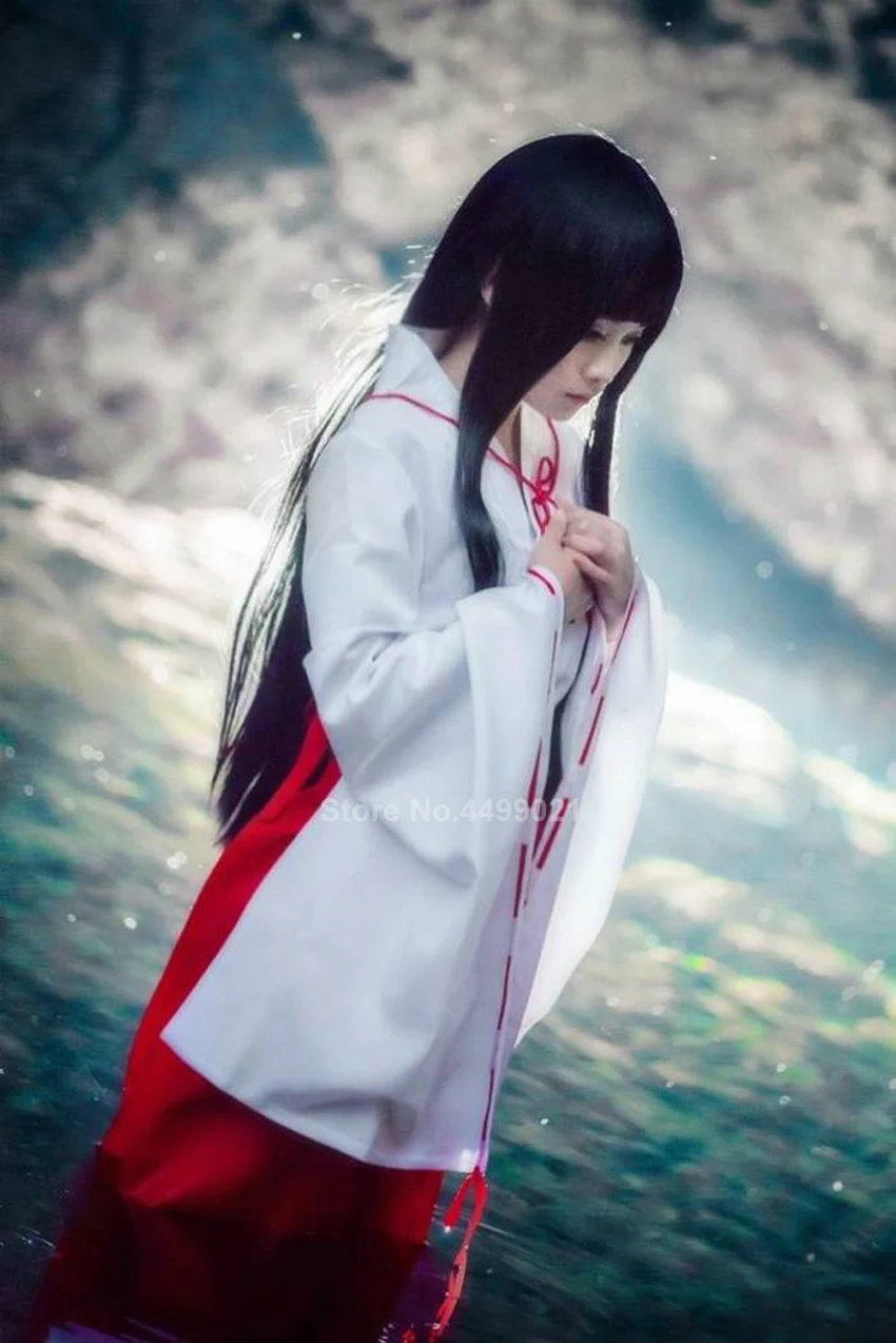Женский карнавальный костюм Inuyasha kiyo на Хэллоуин, вечерние, белые, красные, с бантом, кимоно, платье, парик, Клог, набор носков, наряд
