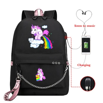 

Mochila Unicornio Vomitando Arco Iris Backpack School Bags for Teenage Girls Usb Charge Laptop Backpack Women Backpacks Bookbag
