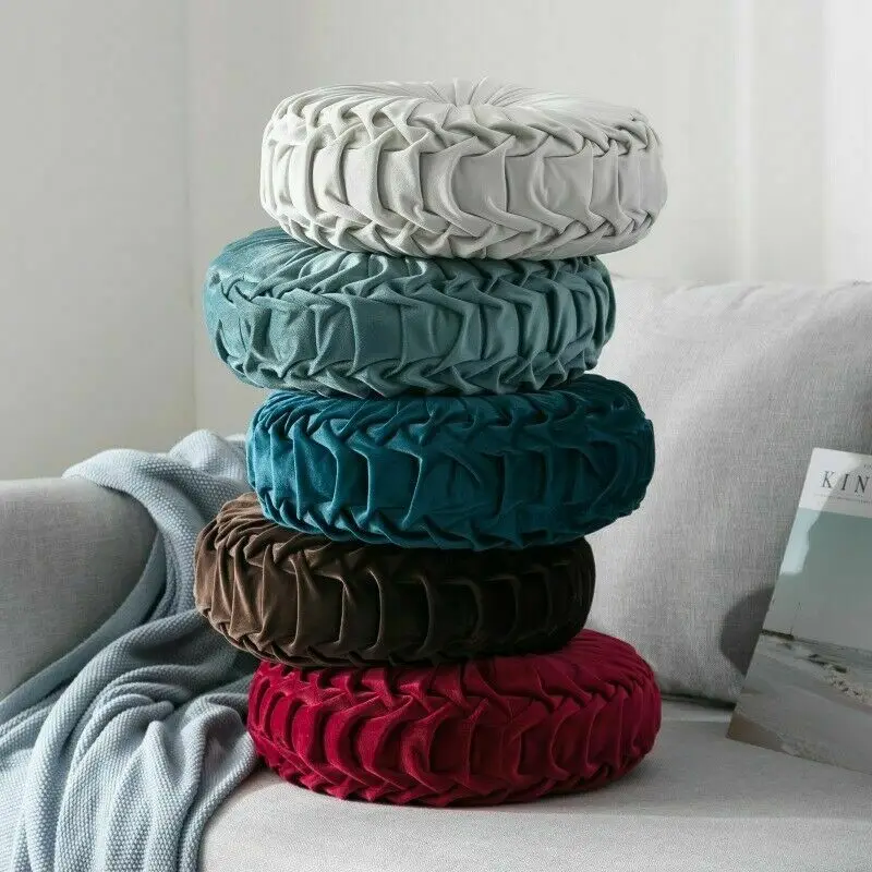 Newest-Home-Textile-Velvet-Pleated-Round-Solid-Color-Cushion-Pouf-Throw-Home-Soft-Cushion 3
