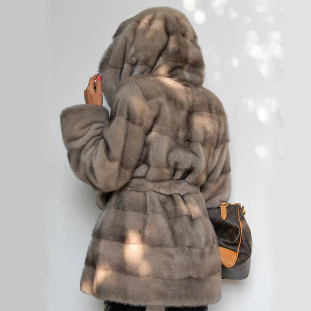 New Winter Real Mink Fur coffee Coats Jacket With hood Women Genuine Full Pelt Winter Warm Elegant Female Jacket