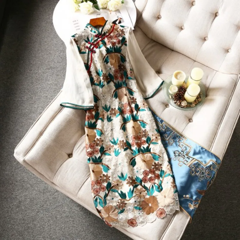 

Женское летнее платье Warlord, новый стиль, молодежная темпераментная сетчатая вышивка с большими цветами в китайском стиле, доказанный чонсам