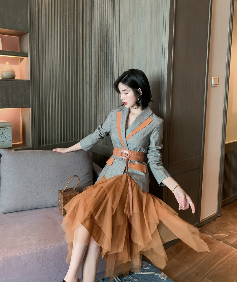 2 Piece Set Autumn Vintage Women Suit Plaid Full Sleeve V Neck Suit Top and Mesh Skirt Office Two Piece Set Elegant Vestidos