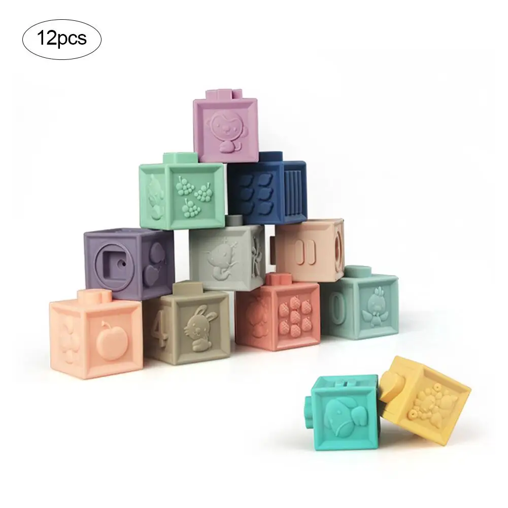 

12pcs Baby Toys Sensory Silicone Educational Building Blocks 3D Hanging Ball Babies Rubber Teether Toddlers Squeeze Bath Toys