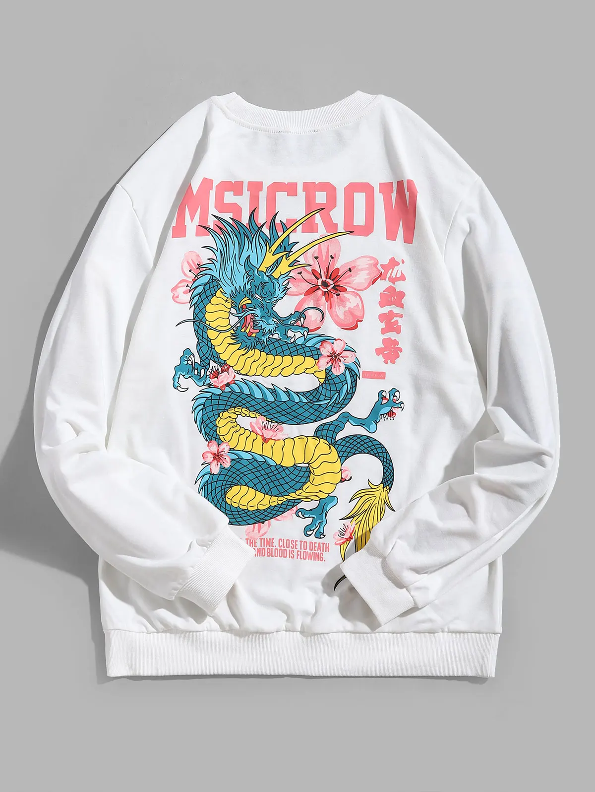 ZAFUL Dragon Flower Letter Print Pullover Sweatshirt For Men Long Sleeve Animal Flower Letter Print Casual Tops Newest
