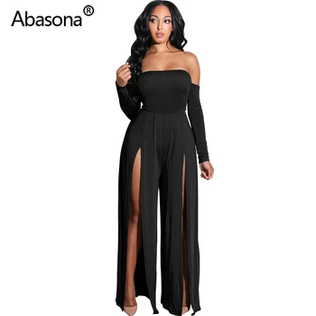 

Abasona Strapless Black Rompers Women Long Sleeve Summer Sexy Playsuits Bodycon Club Party Jumpsuits Wide Leg Slit Long Pants