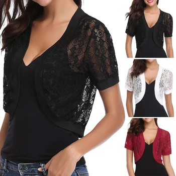 

Summer Short Shawl Flowers Hollow-out Short Coat Women Short Sleeve Cardigan Floral Lace Beach Cover Up Open Front Cardigan