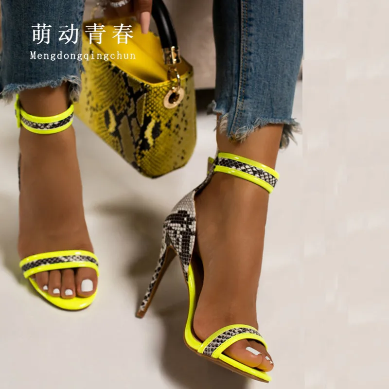 Plus Size 35-42 Open Toe Women Pumps Sexy Snake Print High Heeled Sandals Mujer Mix Color Female Party Nightclub Yellow Pumps