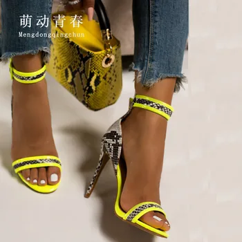 

Plus Size 35-42 Open Toe Women Pumps Sexy Snake Print High Heeled Sandals Mujer Mix Color Female Party Nightclub Yellow Pumps