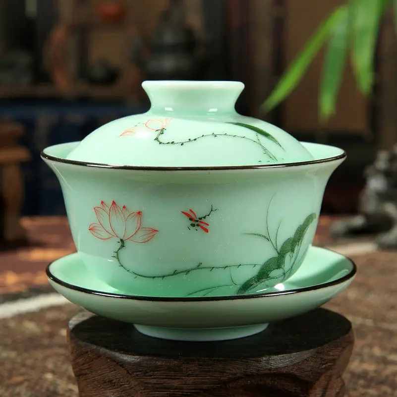 [GRANDNESS] Longquan Gaiwan Набор фарфоровый чайный стаканчик расписанный вручную цветочный чай Sancai чашка 170 мл - Цвет: Lotus