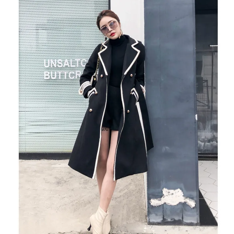 

Women White V-neck Long Woolen Coat British Hepburn Style Slim Black Jacket Korean Fashion Trench Coat Casaco Feminino Chaquetas