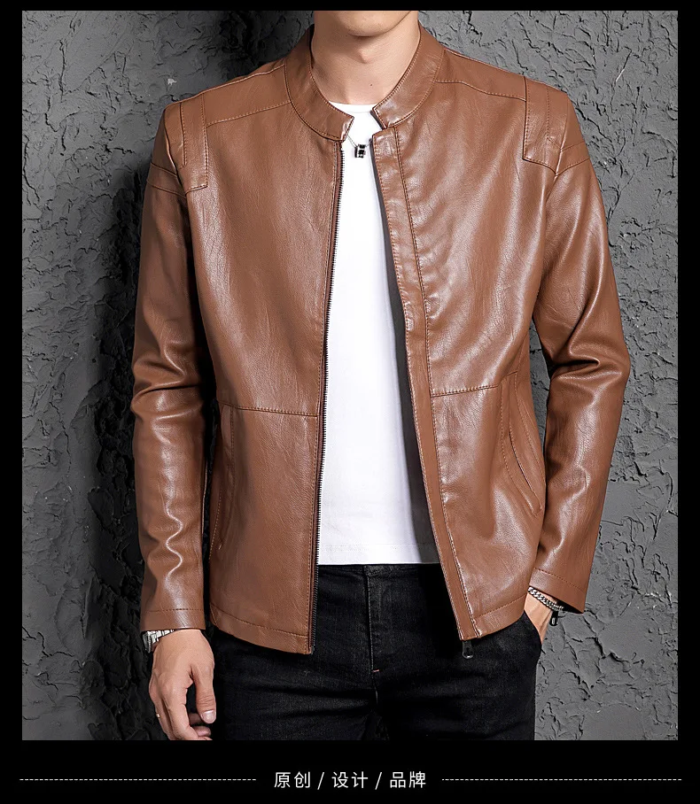 MEN'S Leather Coat New Style Youth Leather Jacket Thin Trend Slim Fit Handsome plus Velvet Leather Coat MEN'S Coat Fashion