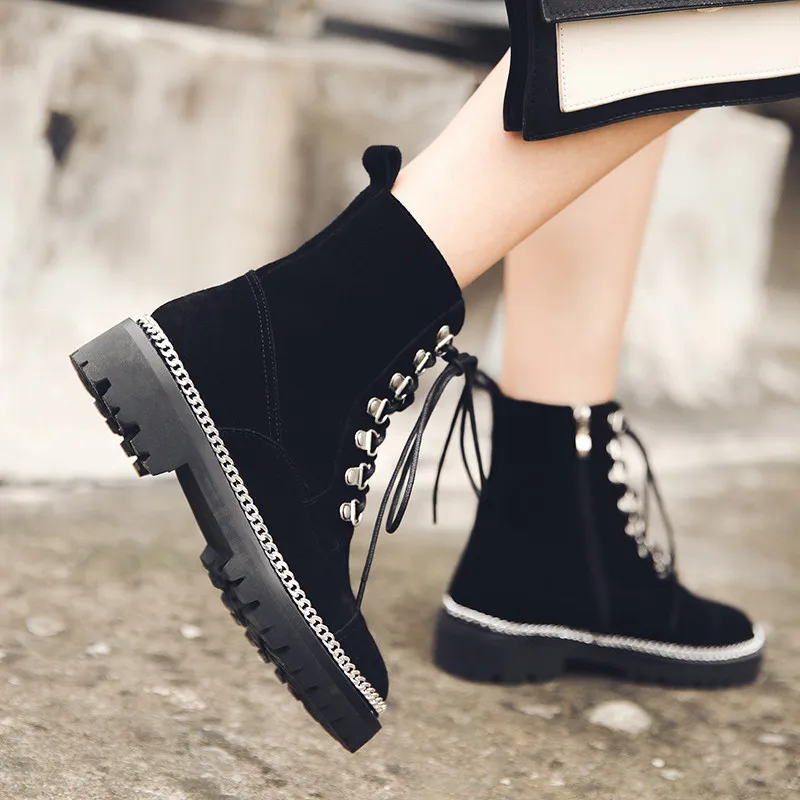 Smirnova Newest suede leather ankle boots women lace up round toe autumn Motorcycle Boots fashion low heel shoes woman
