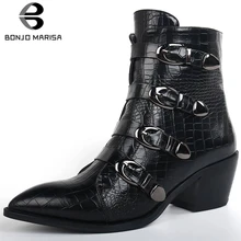 BONJOMARISA/Новинка 34-42; брендовые ажурные ботиночки; женские модные ботинки с украшением в виде пряжки; женская обувь года на высоком массивном каблуке; женская обувь