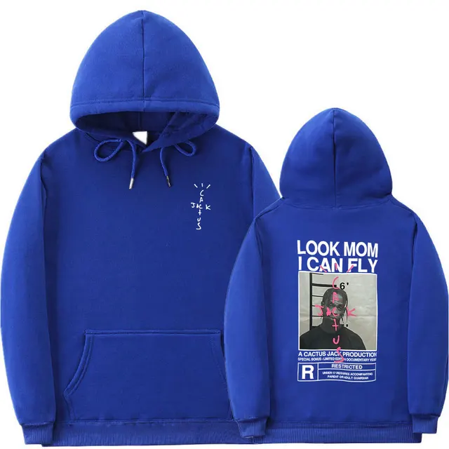 Cactus Jack Hoodie Men Women Double-sided Logo Print LOOK MOM I CAN FLY Travis Scott Hoodies Unisex Fashion Hip Hop Streetwear Blue