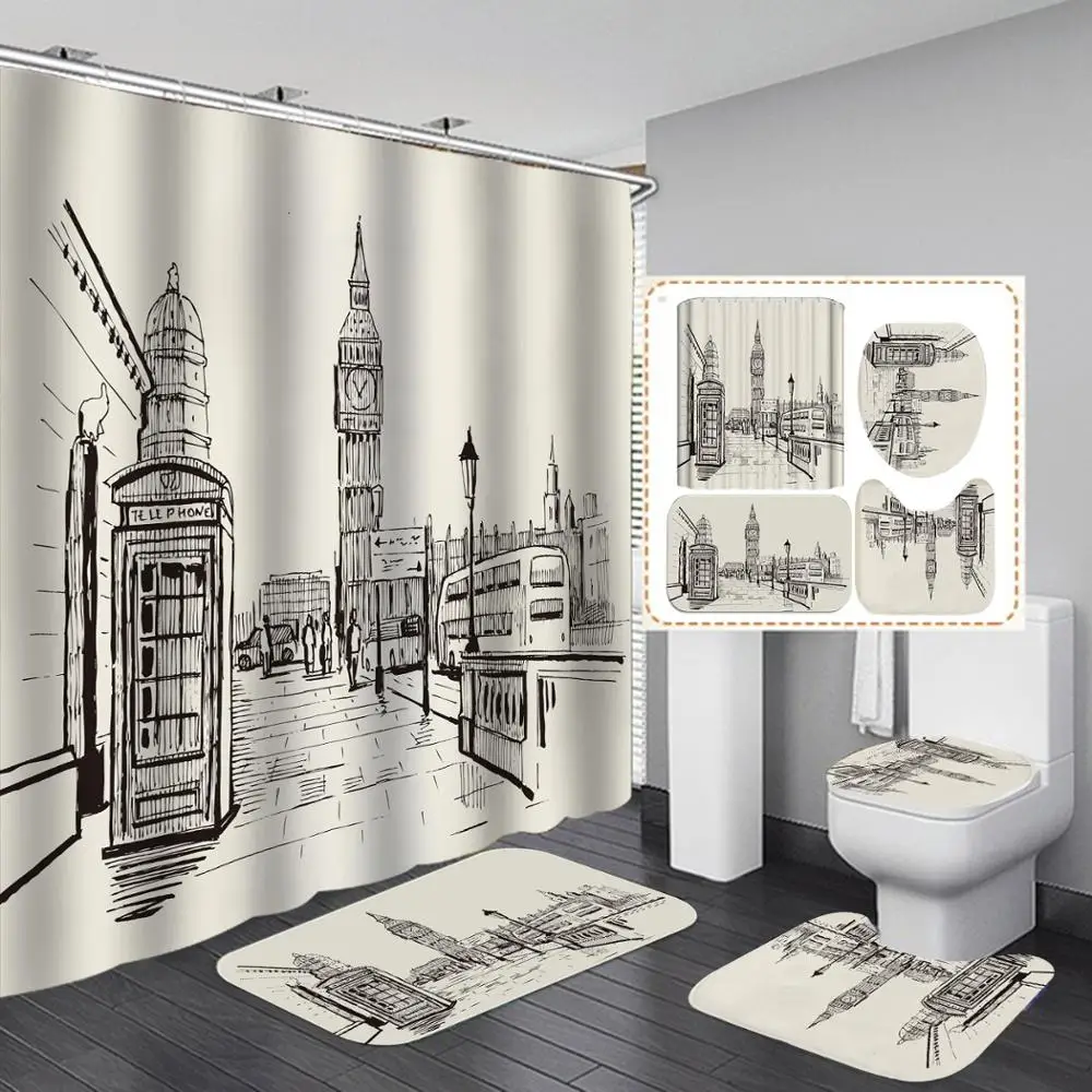 

Sketches Painting Bathroom Shower Curtains 4 PCS set Anti-slip carpet Mat Toilet Mat Waterproof Shower Curtain