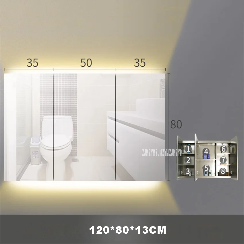 Туалет настенный шкаф из нержавеющей стали серебряное зеркало шкаф для хранения принадлежностей в ванной комнате с светильник 220 В/110 в 12 Вт - Цвет: 110V  120cm
