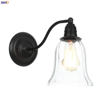 

IWHD Black Metal Vintage LED Wall Lamp Beside Bedroom Bathroom Stair Light American Style Glass Wall Lights For Home Lighting