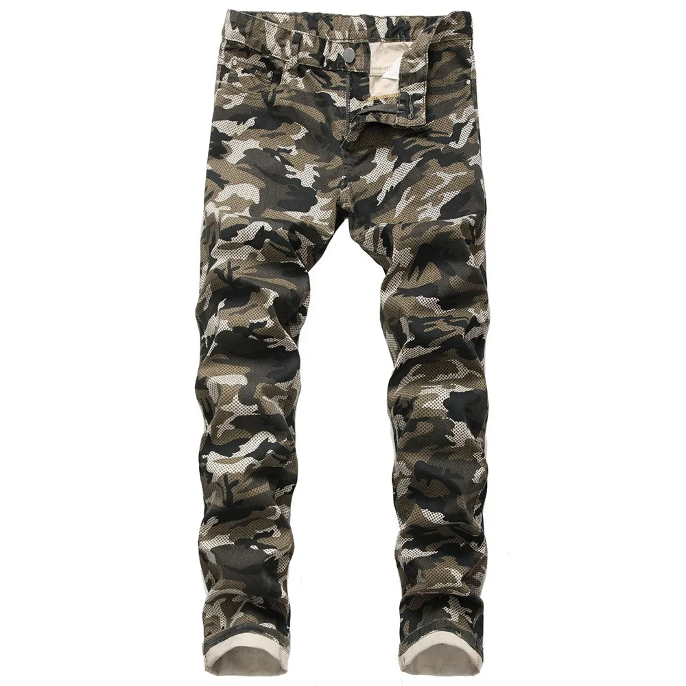 Новые растягивающиеся камуфляжные военные Джинсы средней талии мужские узкие джинсы для мужчин с принтом узкие брюки