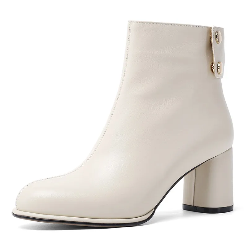 ANNYMOLI Autumn Ankle Boots Women Natural Genuine Leather Block High Heel Short Boots Zip Round Toe Shoes Female Winter Size 39