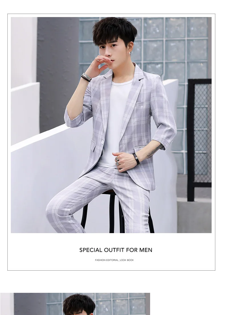 Весна стиль корейский стиль Slim Fit тренд Клетчатая Мужская рубашка с коротким рукавом Повседневный красивый костюм куртка много цветов