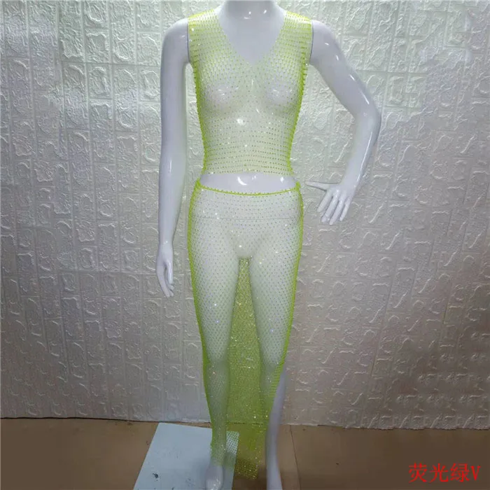 Neon Green V Neck Блестящая клетчатая одежда со стразами; комплект из 2 предметов; сетчатый топ; пикантная трикотажная юбка-карандаш; женские комплекты одежды; пляжная одежда - Цвет: Neon Green V Neck