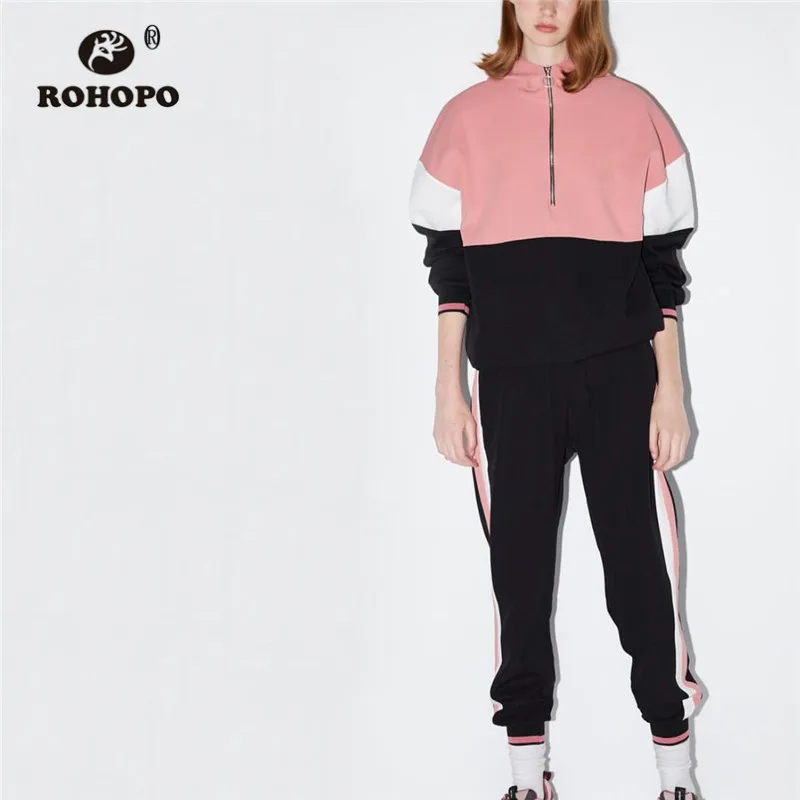 ROHOPO Высокая талия Сторона Полосатый Розовый Jogger Брюки женские осенние