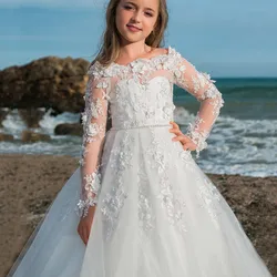 Ball Gown Girl Dress For Party Wedding 2021 Lace Appliques O-Neck Floor-Length Full Sleeve Belt Design Elegant  A-Line Hot Sale