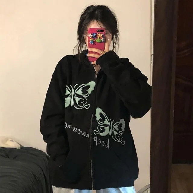 2021 Newest Korean Women's Printed Zipper Ribbon Oversized Hoodie Sweatshirts Retro Black Jacket Sweatshirt Streetwear E