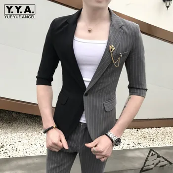 

Mens Half Sleeve Blazer Jacket Suit Striped Patchwork Slim Fit Two Piece Set Business Man Coordinates Night Club Clothes Suits