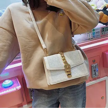 

Textured female bag 2019 new Korean version of the tide fashion sequins wild shoulder messenger bag casual small square bag