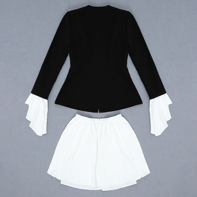 INDRESSME Зимний модный женский костюм, элегантный комплект из двух предметов, сексуальный облегающий Длинный блейзер с оборками и расклешенными рукавами, мини-юбка