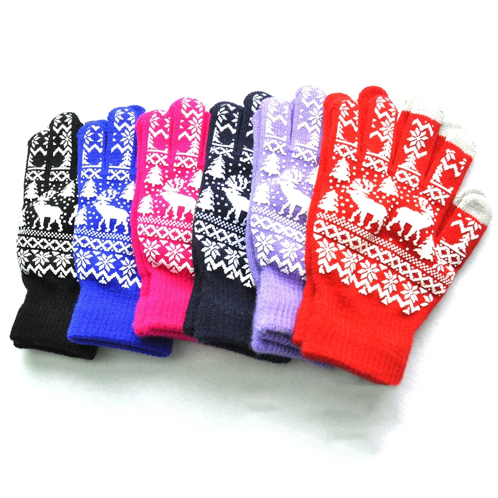 Рождественский узор Сенсорный экран трикотажные перчатки теплые зимние Для женщин вязаные перчатки, изящная одежда на Рождество с проектом оленей, полный палец из натуральной кожи перчатки варежки 12