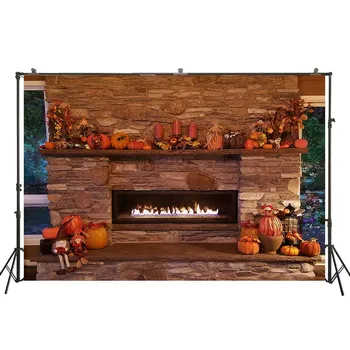 

Halloween Photography Backdrop Brick Fireplace Flame Pumpkin Thanksgiving Party Photo Background Photo Studio Props W-4288
