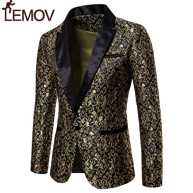 

Gold Jacquard Bronzing Floral Blazer Men 2018 Brand New Mens Patchwork One Button Blazer Jacket Party Stage Singer Costume Homme