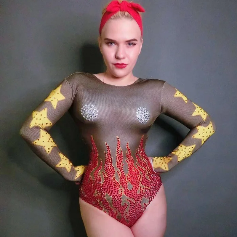 Блестящие стразы боди с длинным рукавом стрейч комбинезон Женская Вечеринка Выпускной Бар ночной клуб наряд певица шоу танцевальный сценический костюм
