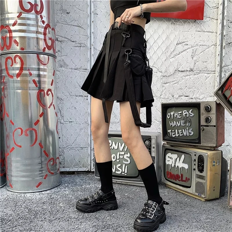 Японская женская уличная плиссированная мини-юбка в стиле Харадзюку, готическая юбка в стиле панк, Ulzzang уличная одежда, юбки с высокой талией