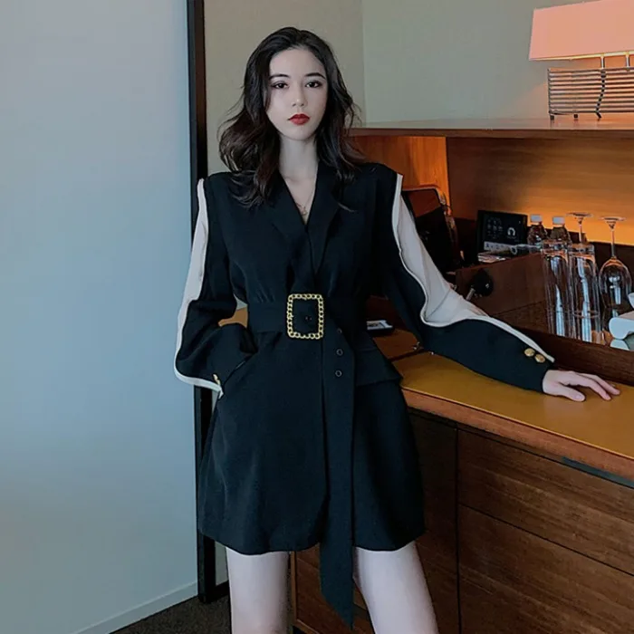 

Female Autumn 2019 New Style Joint Long Sleeve Loose-Fit Waist Hugging Slimming Metallic Belt Suit Medium-length Trench Coat